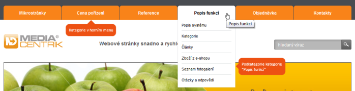 Kategorie v horním menu na webových stránkách (pro větší náhled klikněte na obrázek)