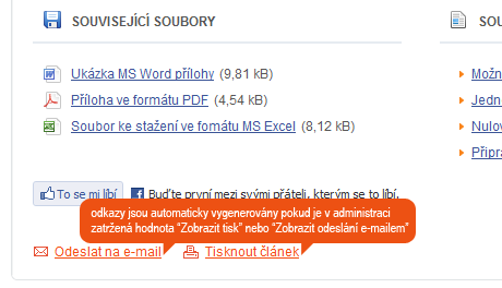 Odkazy směřující na tisk a odeslání článku e-mailem