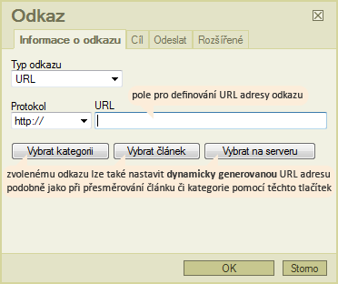 Formulář pro definování URL adresy odkazu