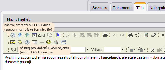 Nástroje pro vložení Flash videa nebo Flash objektu